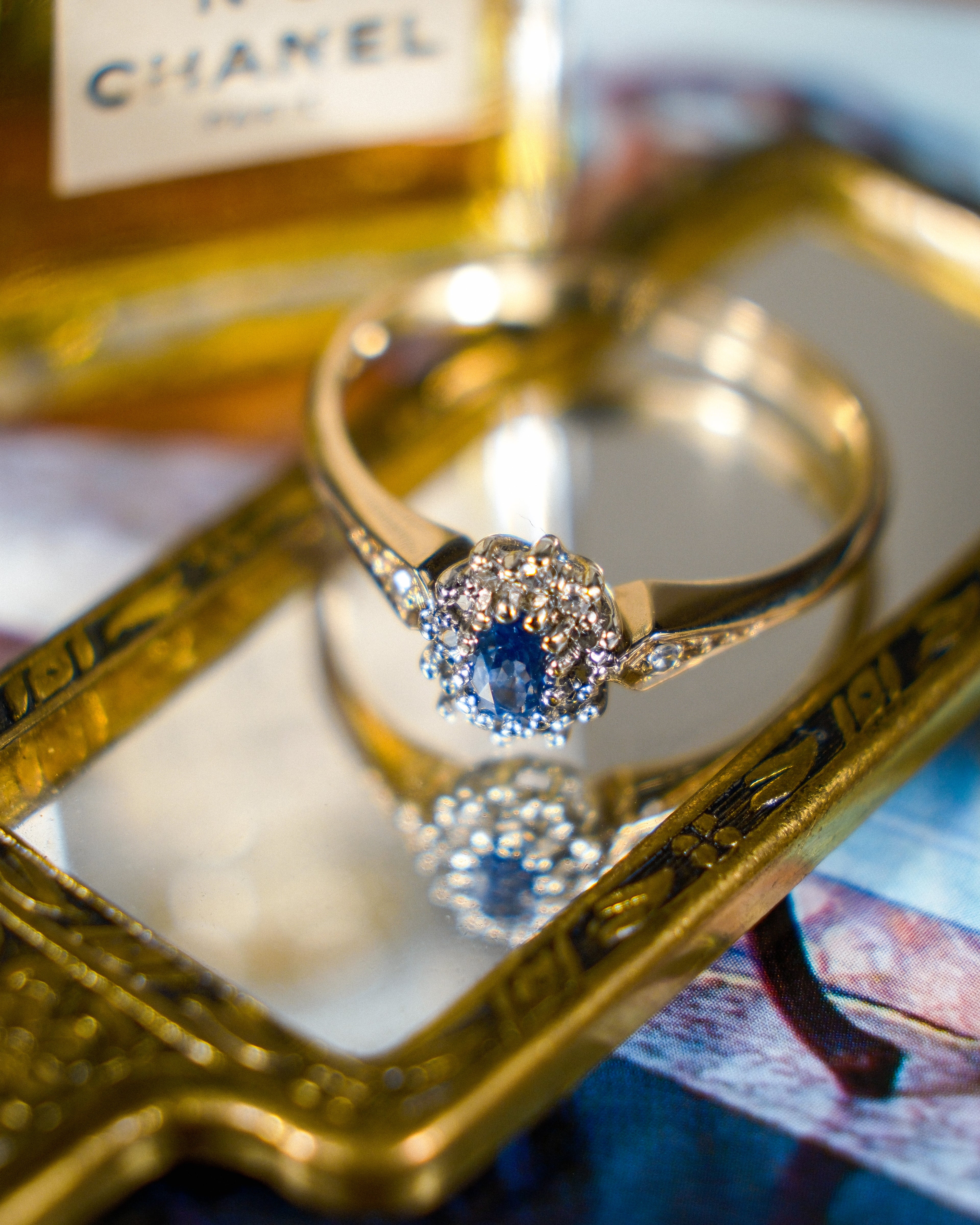 Claribel • Vintage Saffier & Diamant Cluster Ring