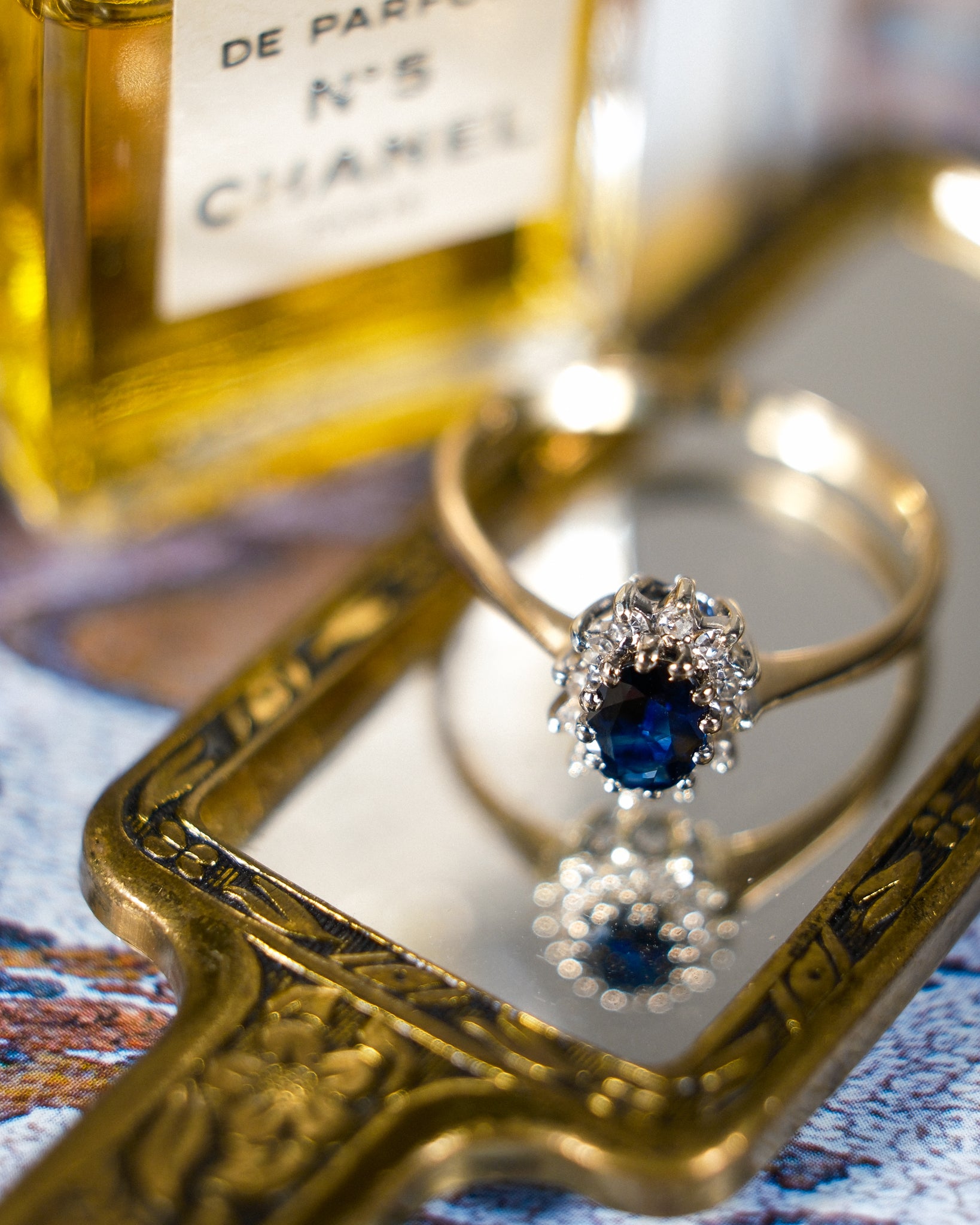 Renée • Vintage Saffier & Diamant Cluster